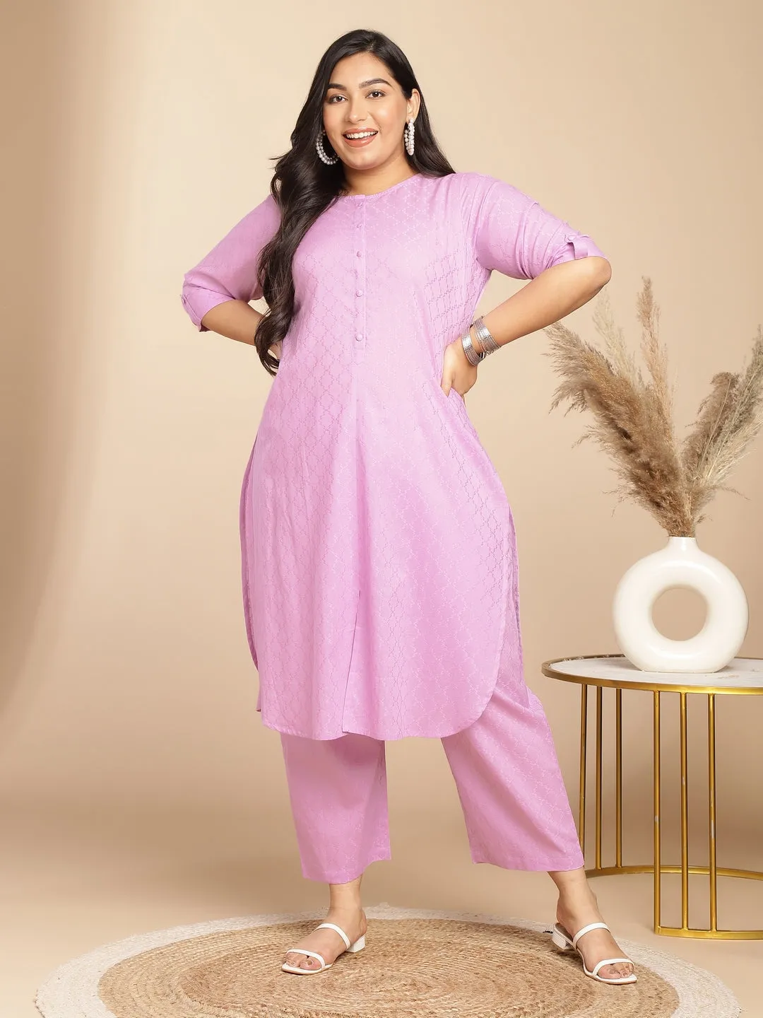 Plus Size Lavender Cotton Jacquard Self Design Straight Co-Ord Set