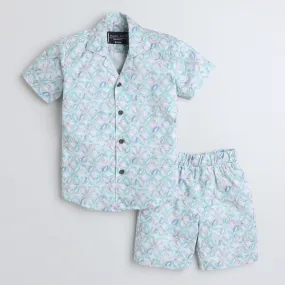 Polka Tots Cotton Half Sleeves Shirt With Shorts, Co-ord Set All Over Print - Sky Blue