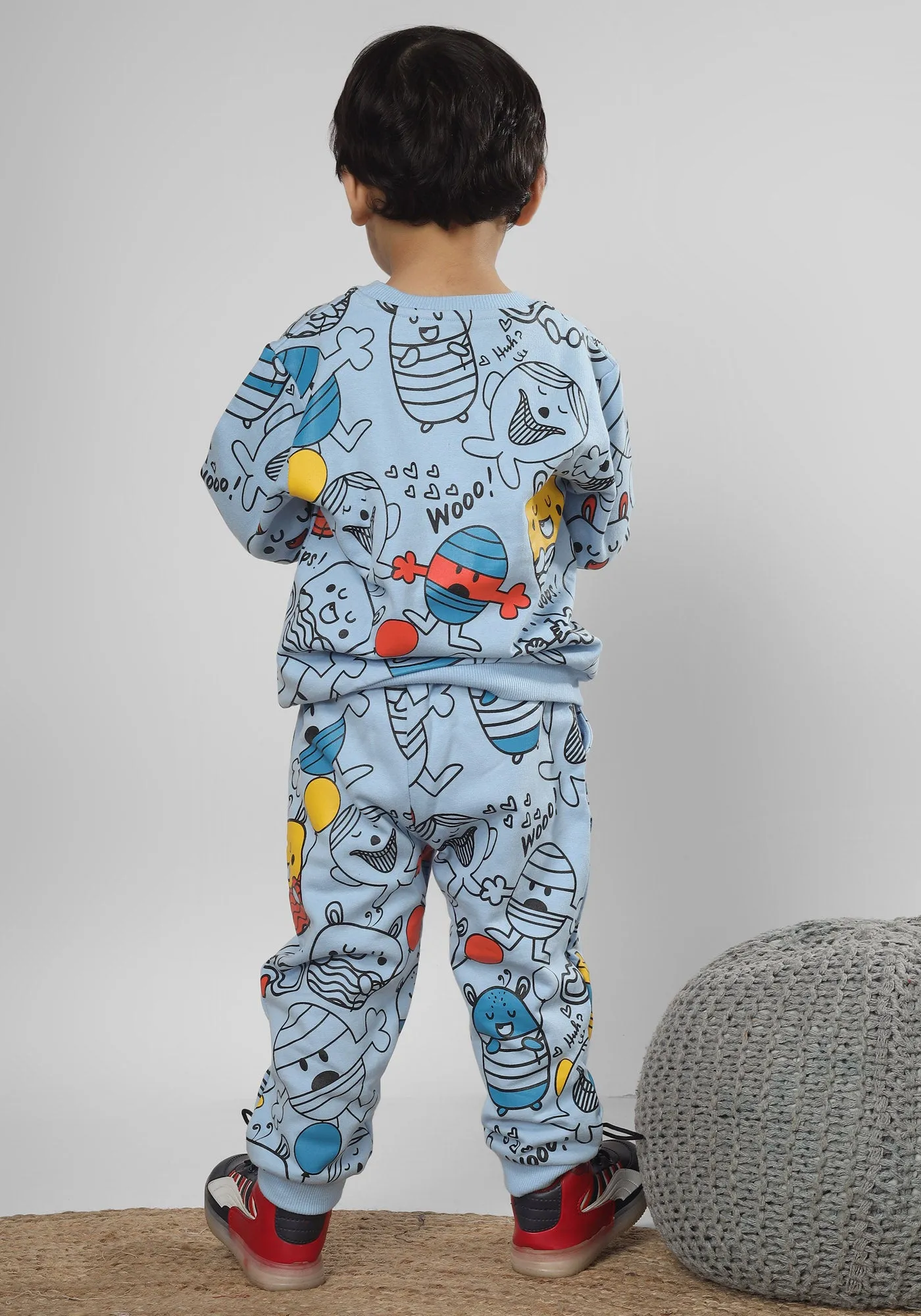 Polka Tots Full Sleeve Monster Print Co-ord set - Blue