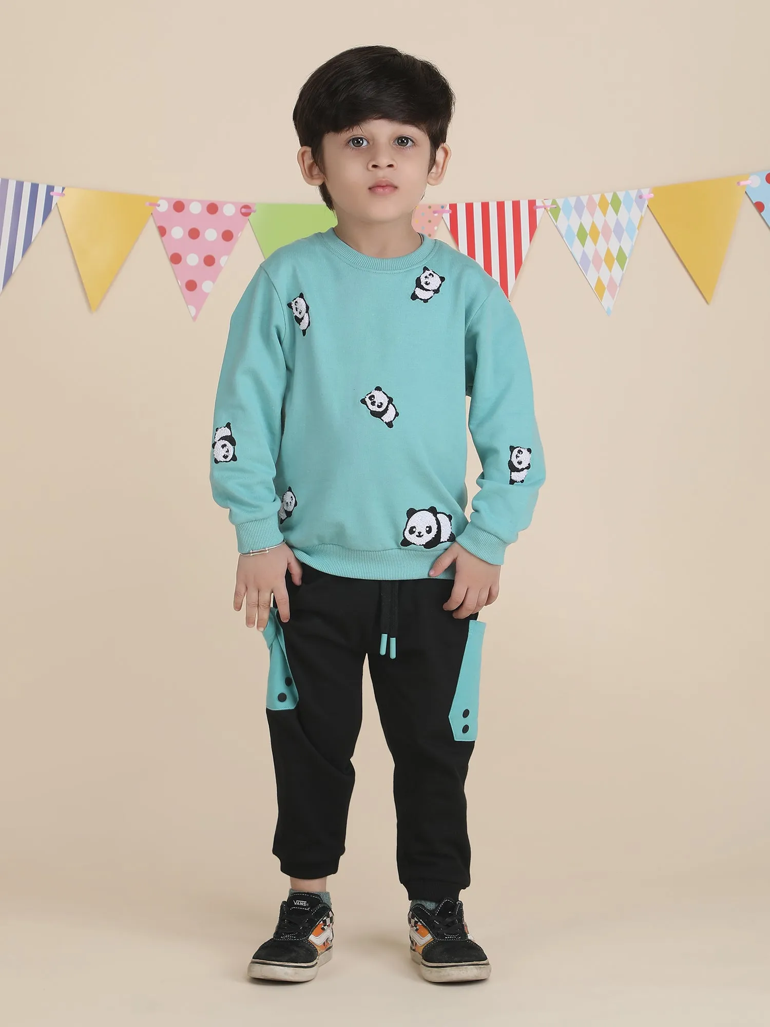 Polka Tots Full Sleeves Panda print Co-ord set - Turquoise