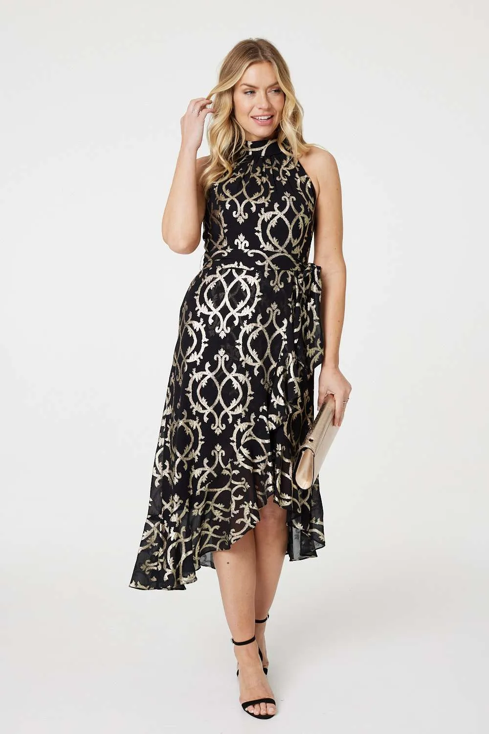 Printed High Low Halter-Neck Midi Dress