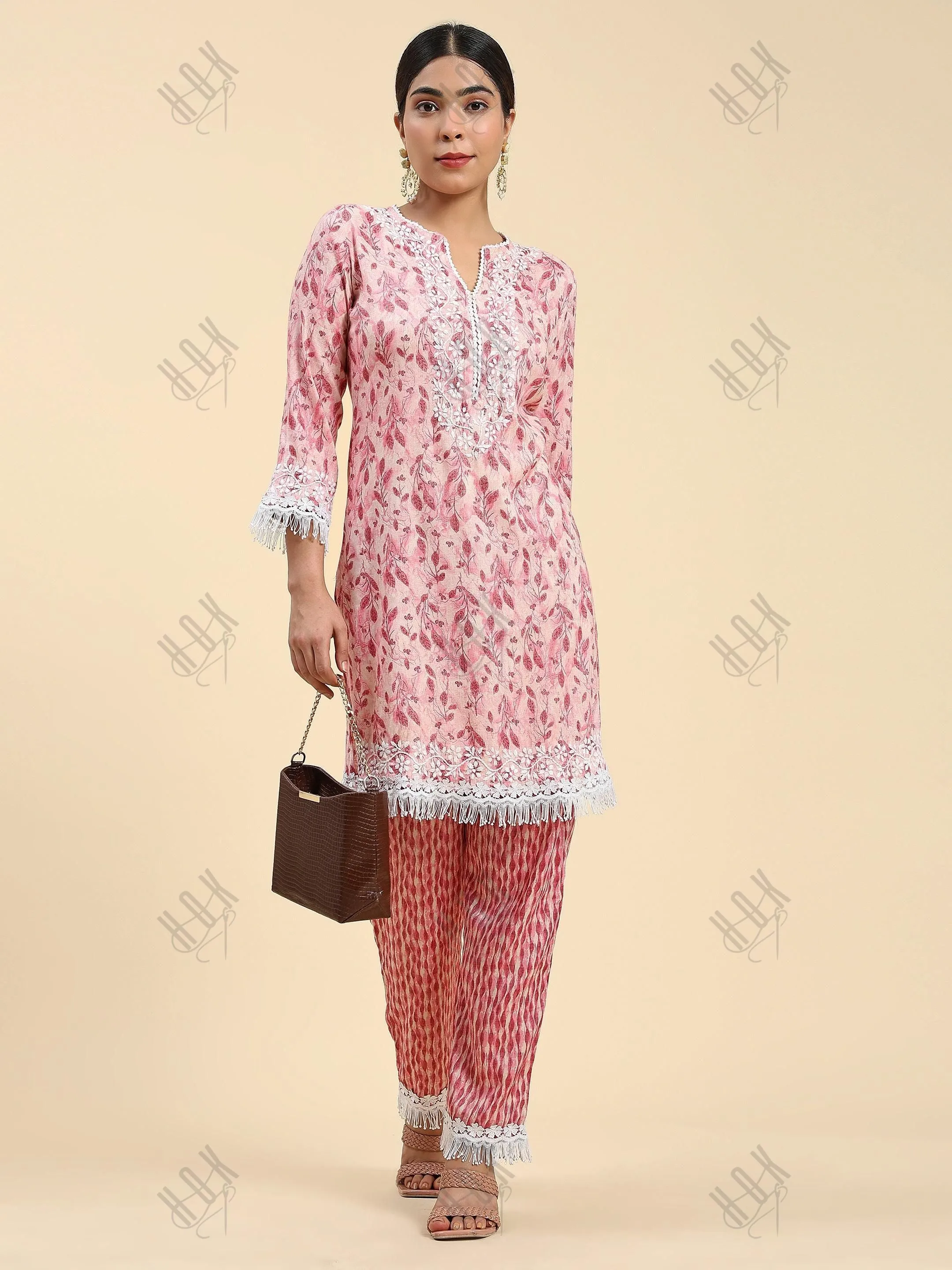 Samma Chikankari Co-ord set in Cotton for Women- Peach