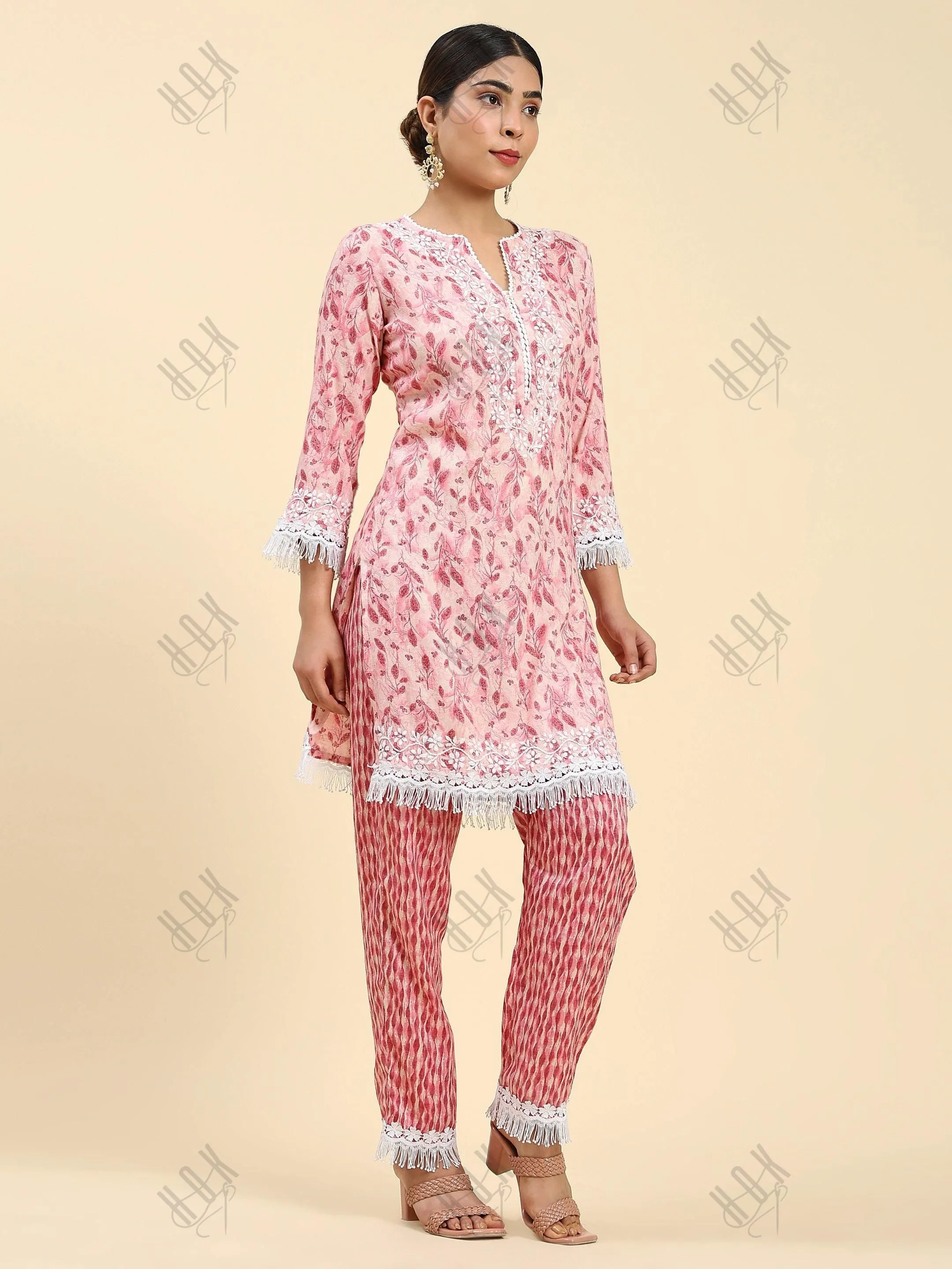 Samma Chikankari Co-ord set in Cotton for Women- Peach