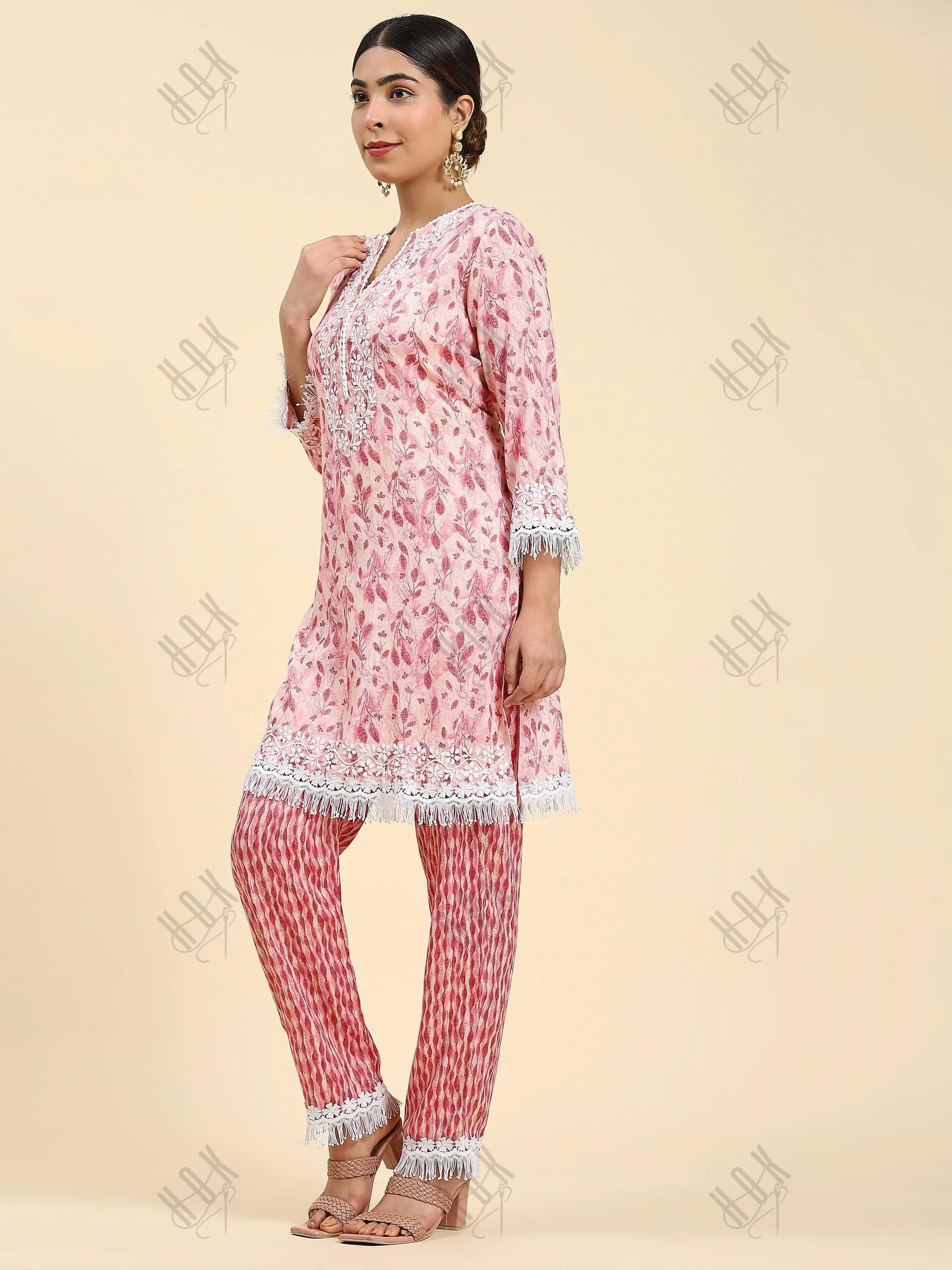 Samma Chikankari Co-ord set in Cotton for Women- Peach