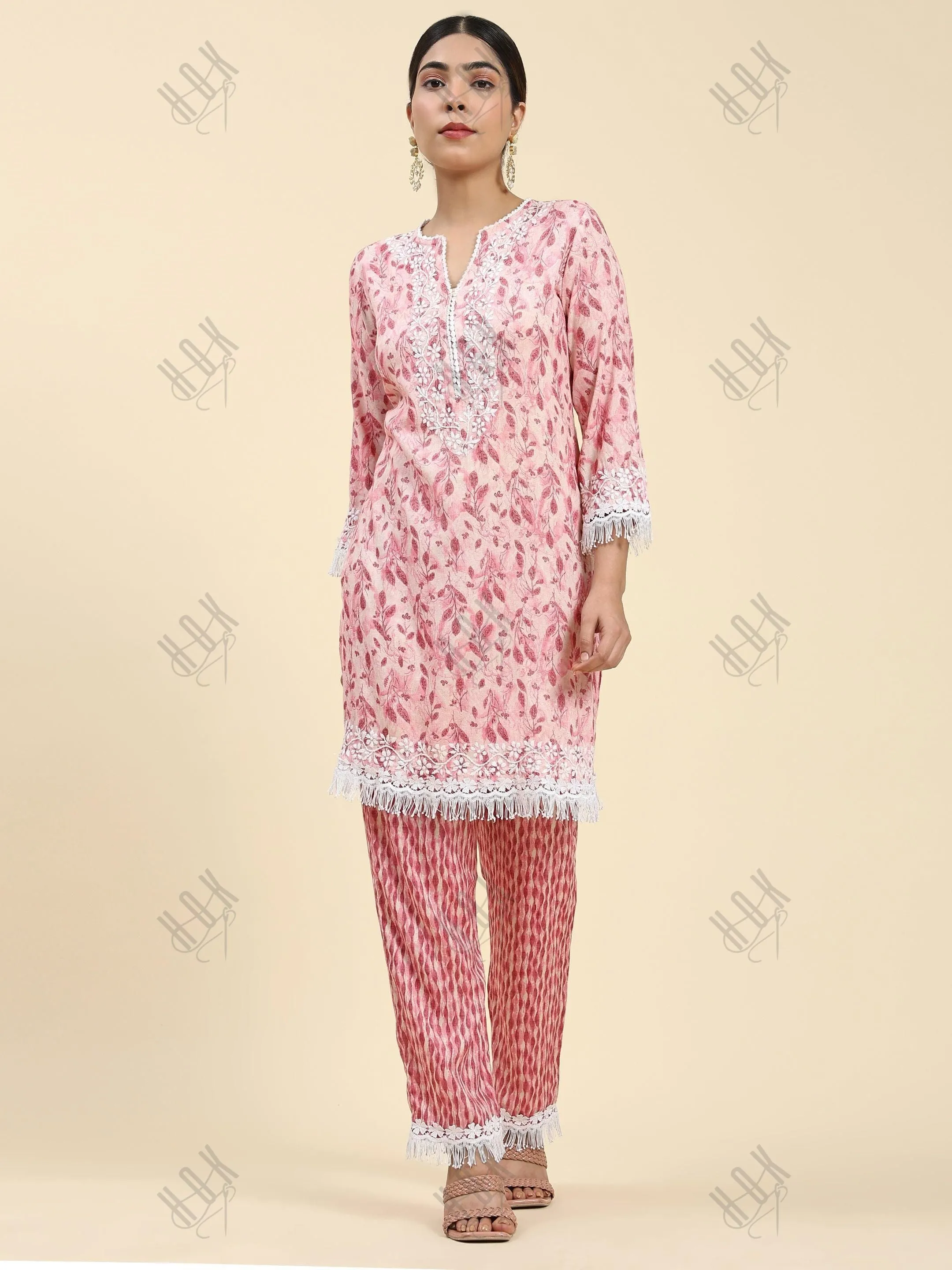 Samma Chikankari Co-ord set in Cotton for Women- Peach