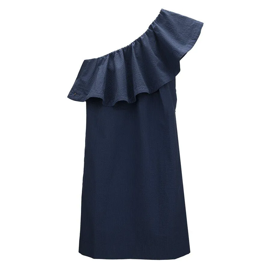 Seersucker One-Shoulder Dress