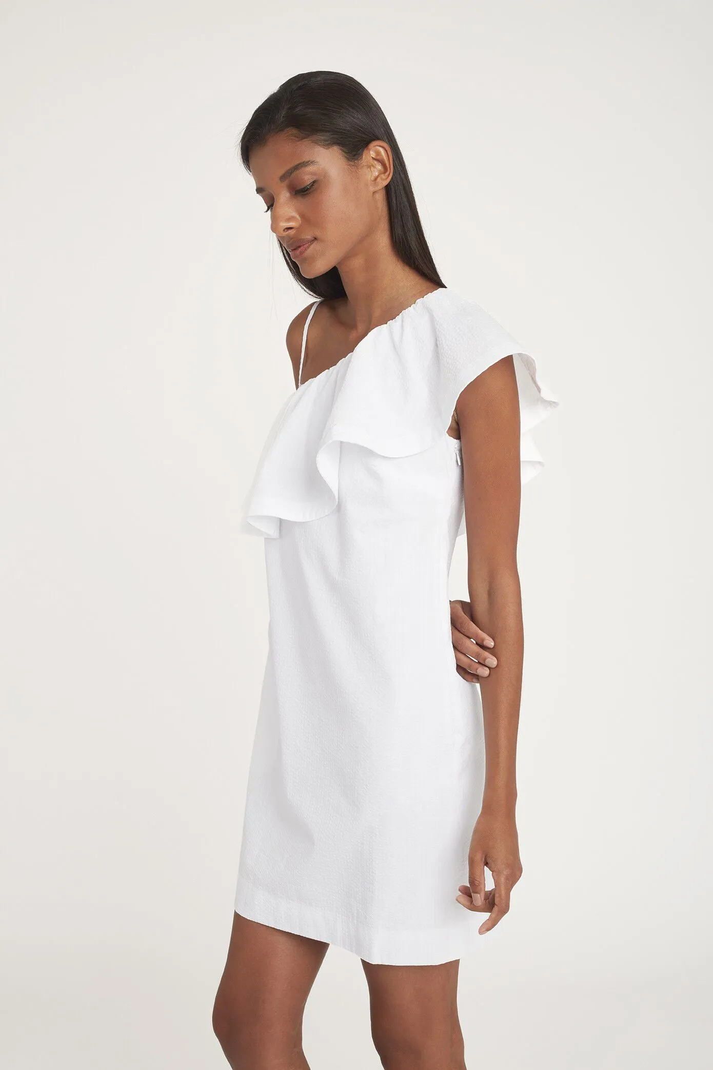 Seersucker One-Shoulder Dress