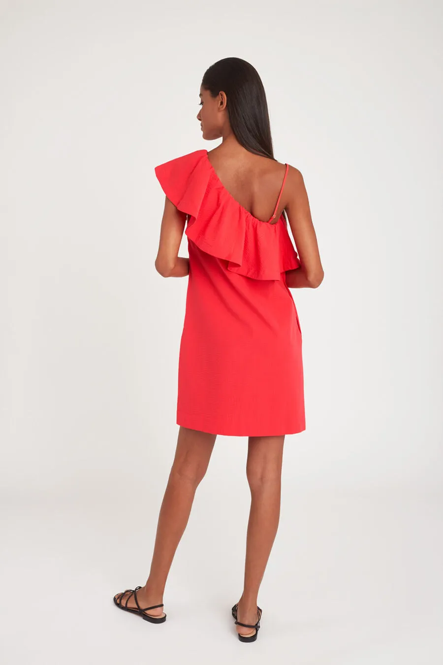 Seersucker One-Shoulder Dress