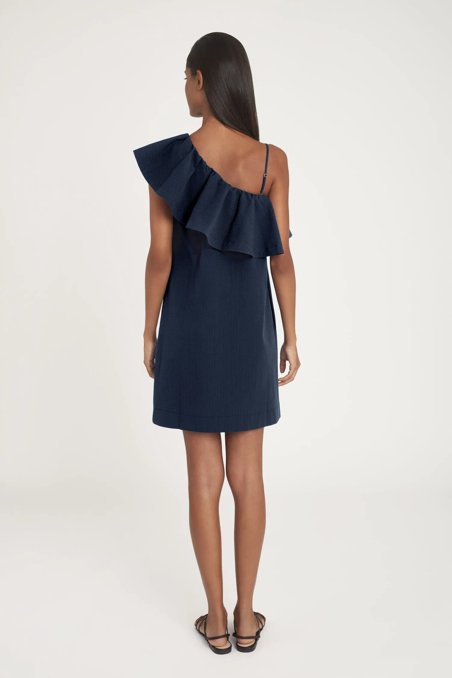 Seersucker One-Shoulder Dress