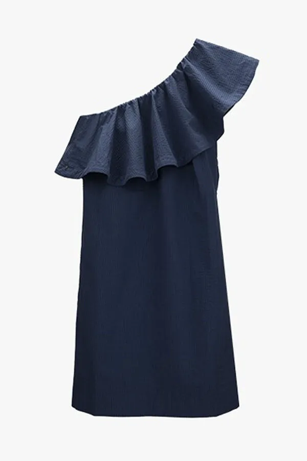 Seersucker One-Shoulder Dress