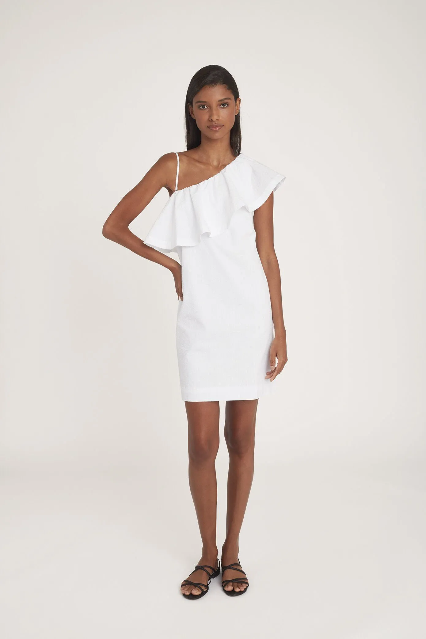 Seersucker One-Shoulder Dress