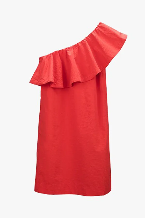 Seersucker One-Shoulder Dress