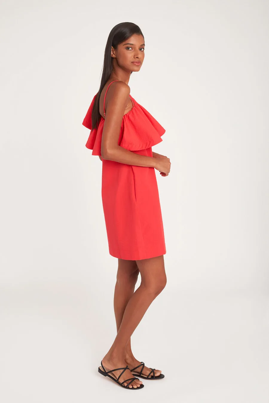 Seersucker One-Shoulder Dress