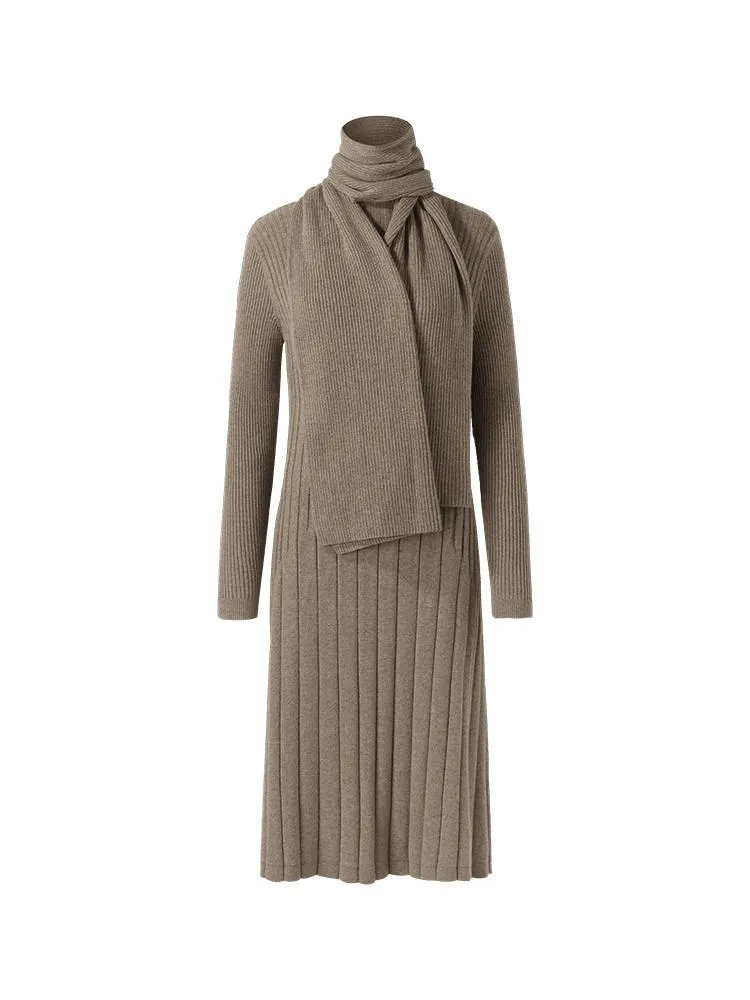 Tencel Wool Slim Knitted Midi Work Dress With Scarf