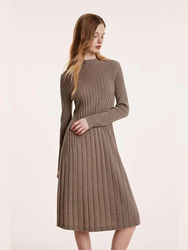 Tencel Wool Slim Knitted Midi Work Dress With Scarf