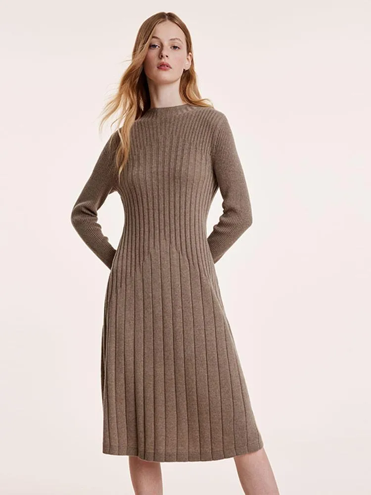 Tencel Wool Slim Knitted Midi Work Dress With Scarf