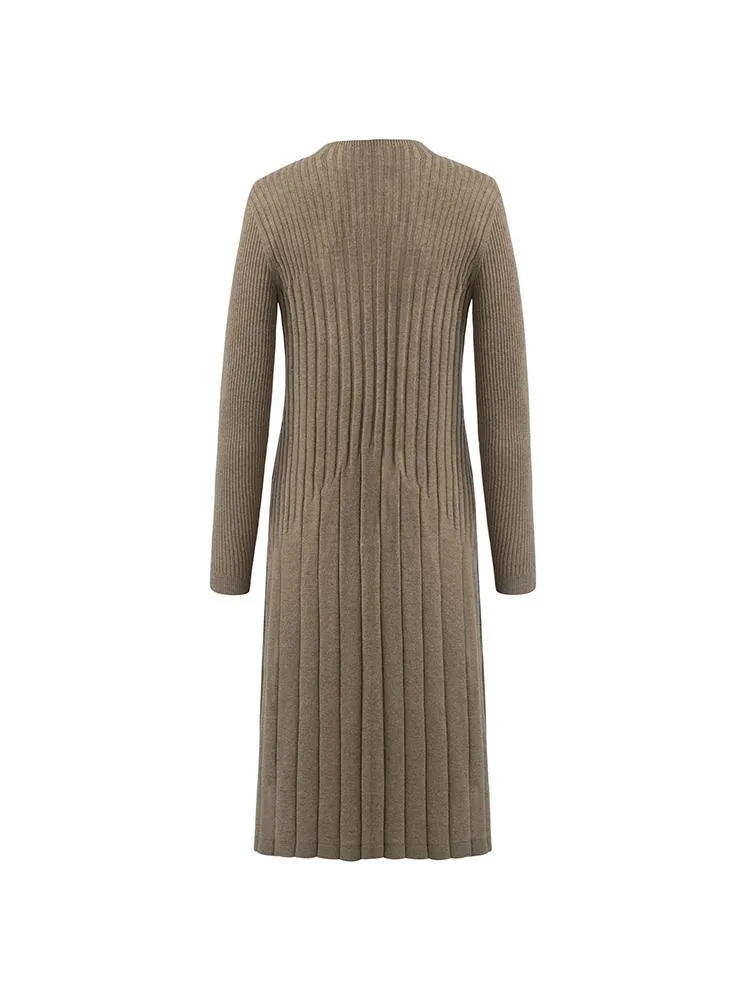 Tencel Wool Slim Knitted Midi Work Dress With Scarf