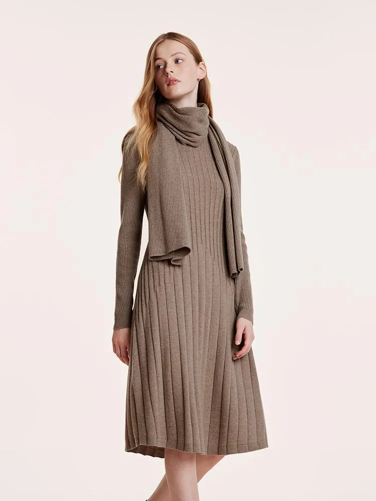 Tencel Wool Slim Knitted Midi Work Dress With Scarf