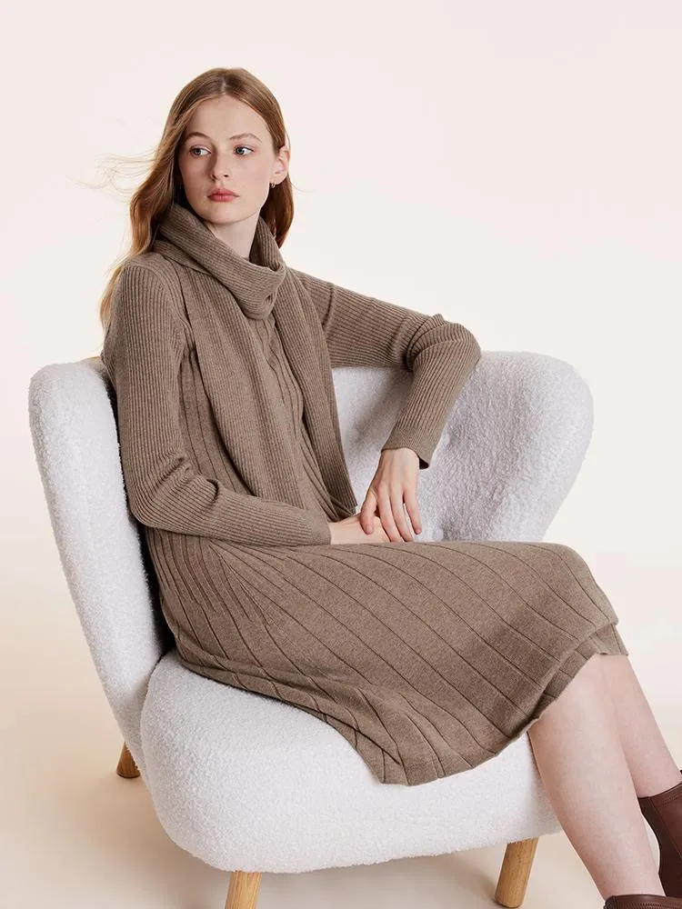 Tencel Wool Slim Knitted Midi Work Dress With Scarf