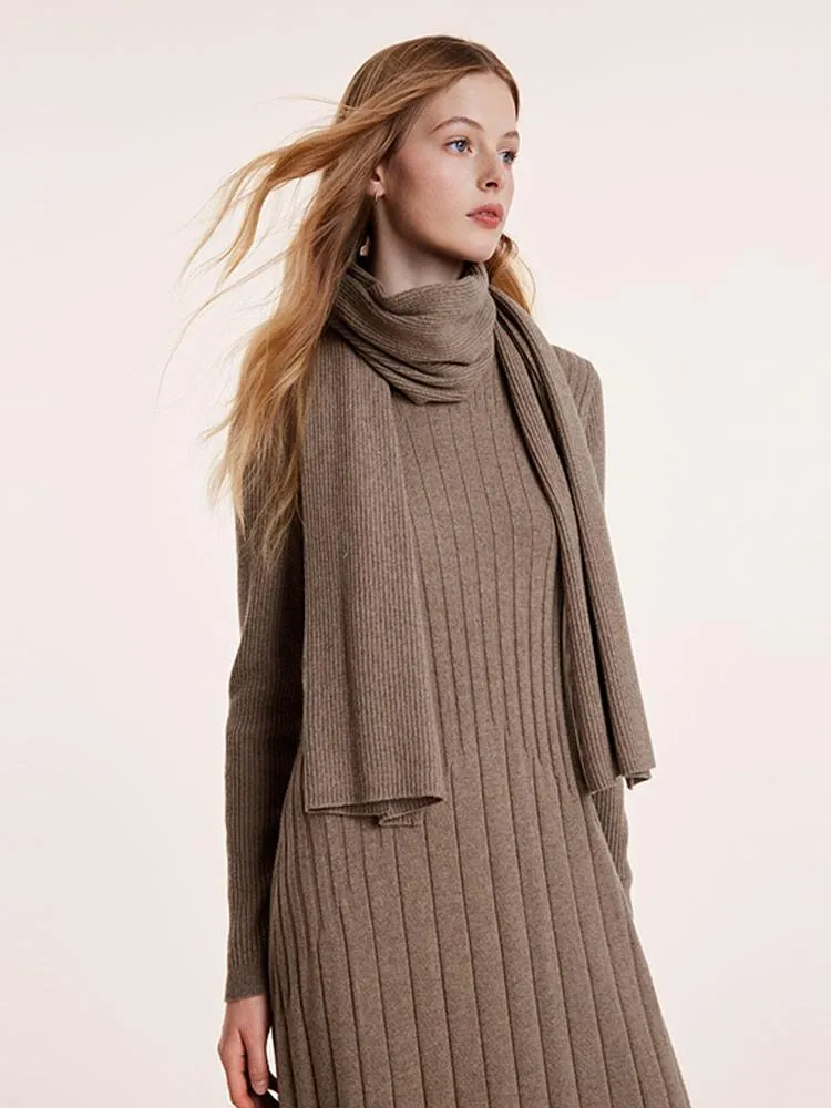 Tencel Wool Slim Knitted Midi Work Dress With Scarf