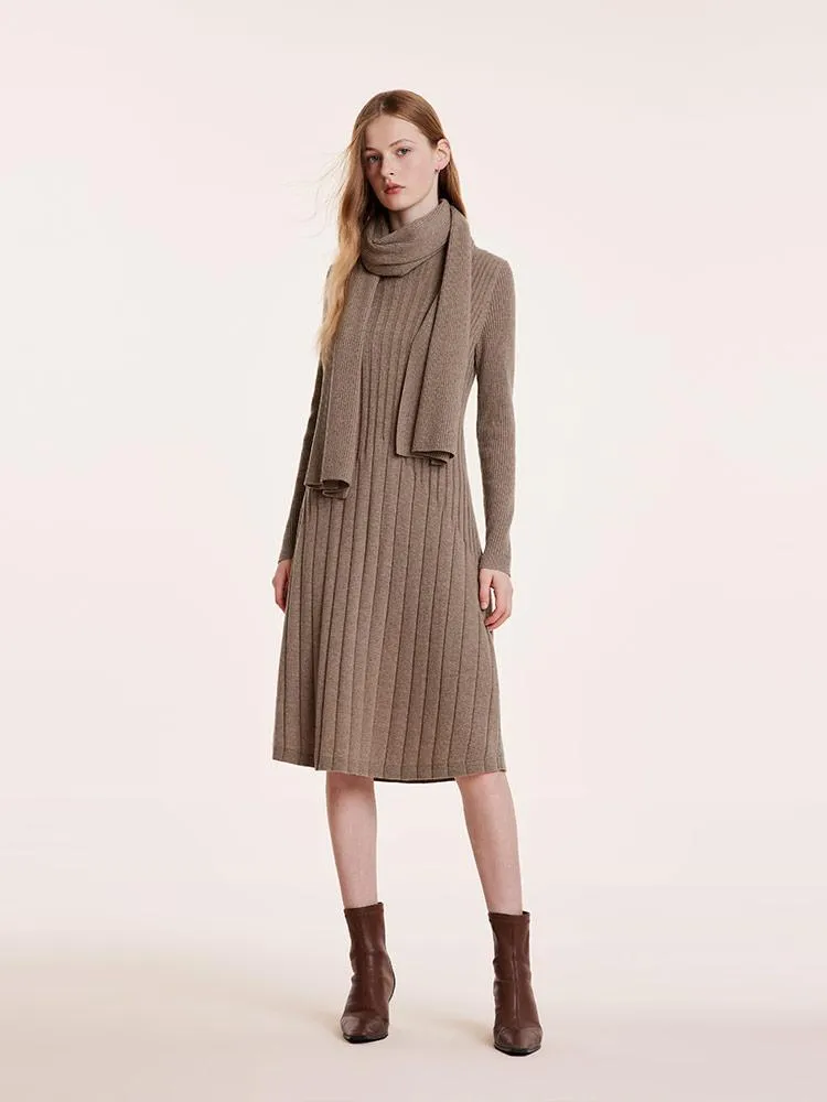 Tencel Wool Slim Knitted Midi Work Dress With Scarf