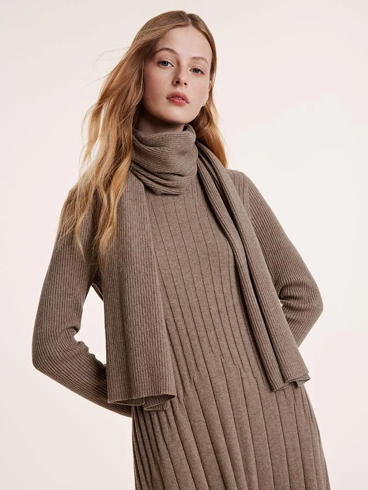 Tencel Wool Slim Knitted Midi Work Dress With Scarf