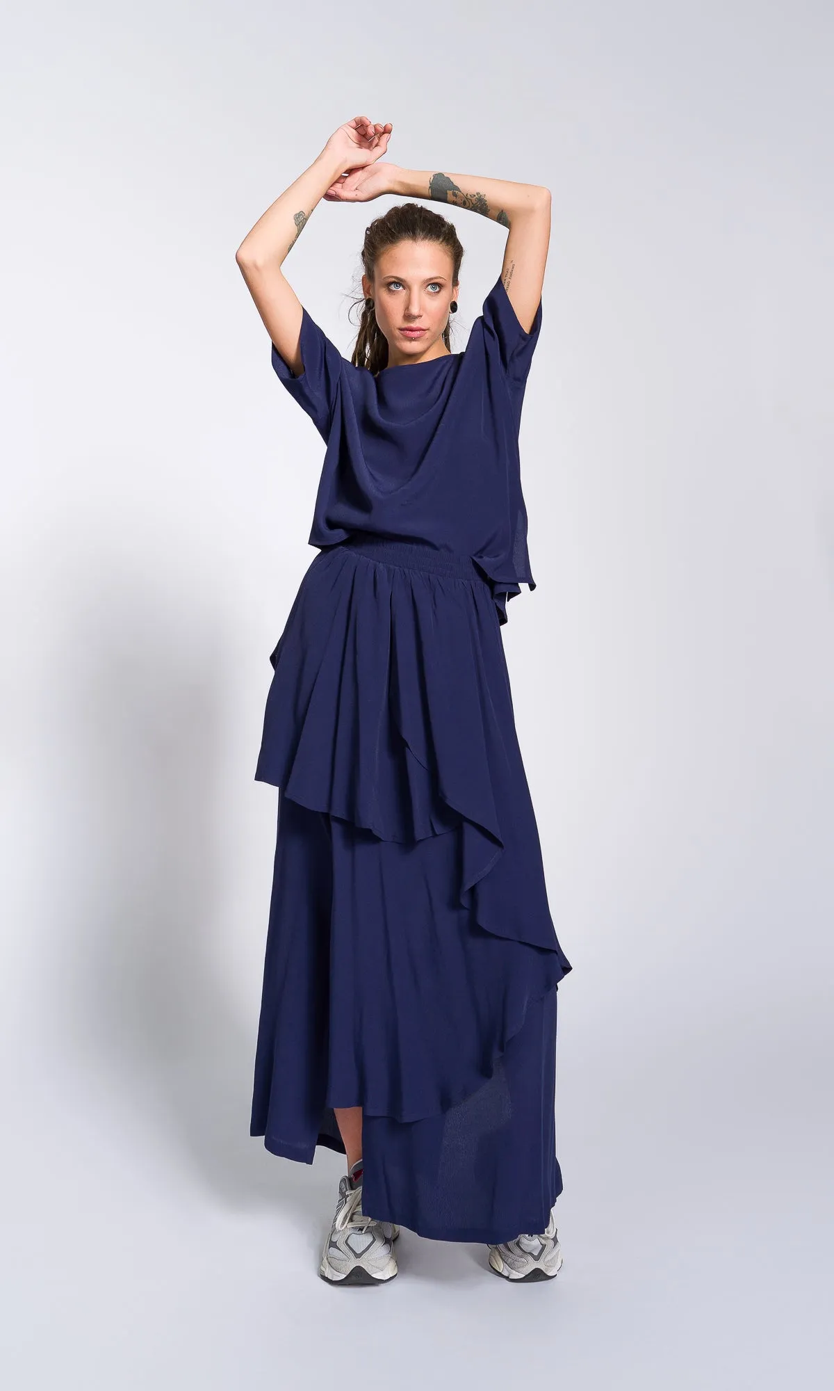 Two-piece Set of Layered Georgette Skirt and Loose Asymmetric T-Shirt