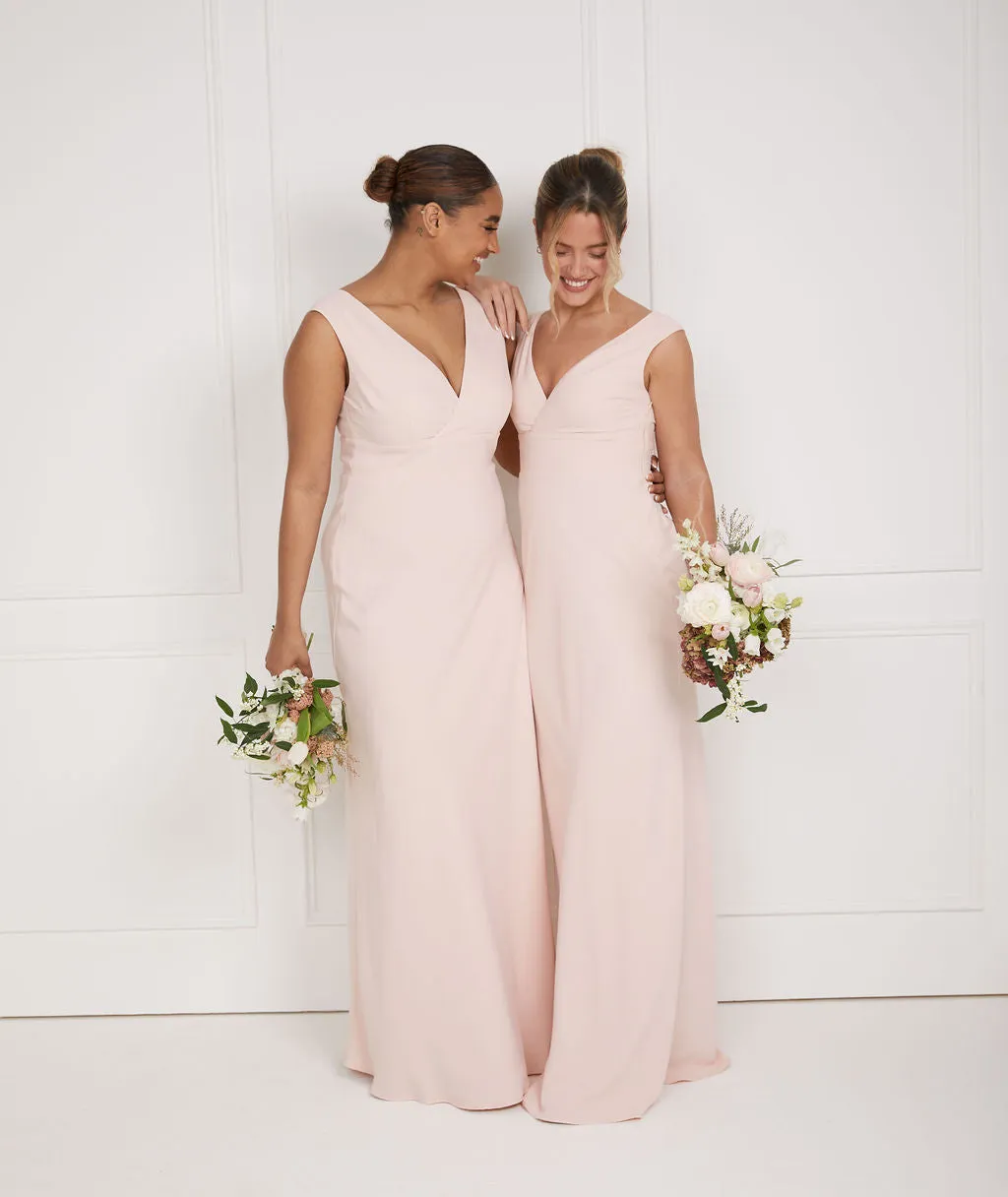 V Neck Plunge Crepe Bridesmaid Dress - Blush