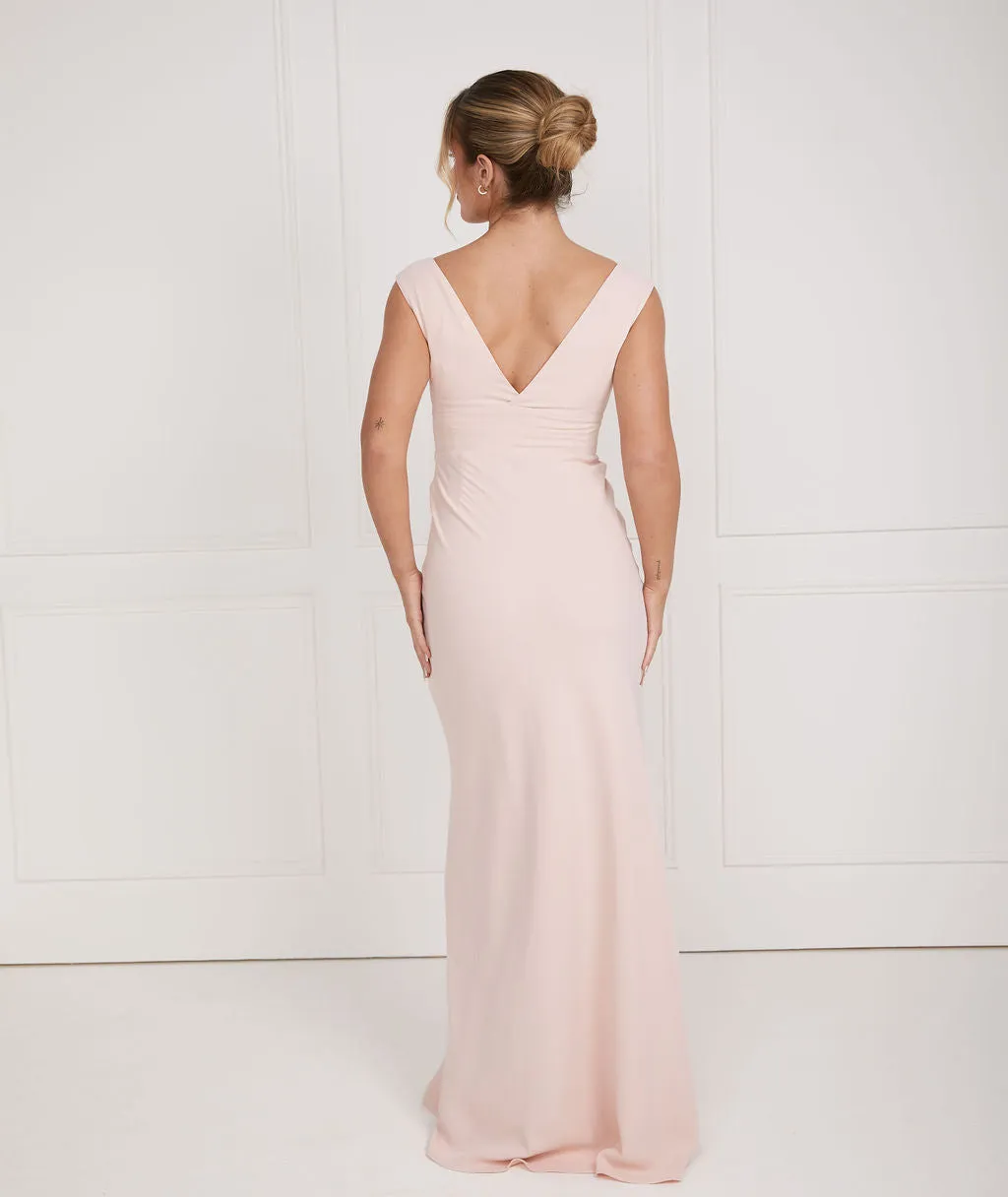 V Neck Plunge Crepe Bridesmaid Dress - Blush