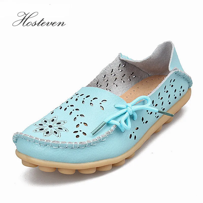 Women's Casual Genuine Leather Shoes Woman Loafers Slip-On Female Flats Moccasins Ladies Driving Shoe Cut-Outs Mother Footwear