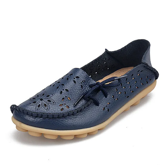 Women's Casual Genuine Leather Shoes Woman Loafers Slip-On Female Flats Moccasins Ladies Driving Shoe Cut-Outs Mother Footwear