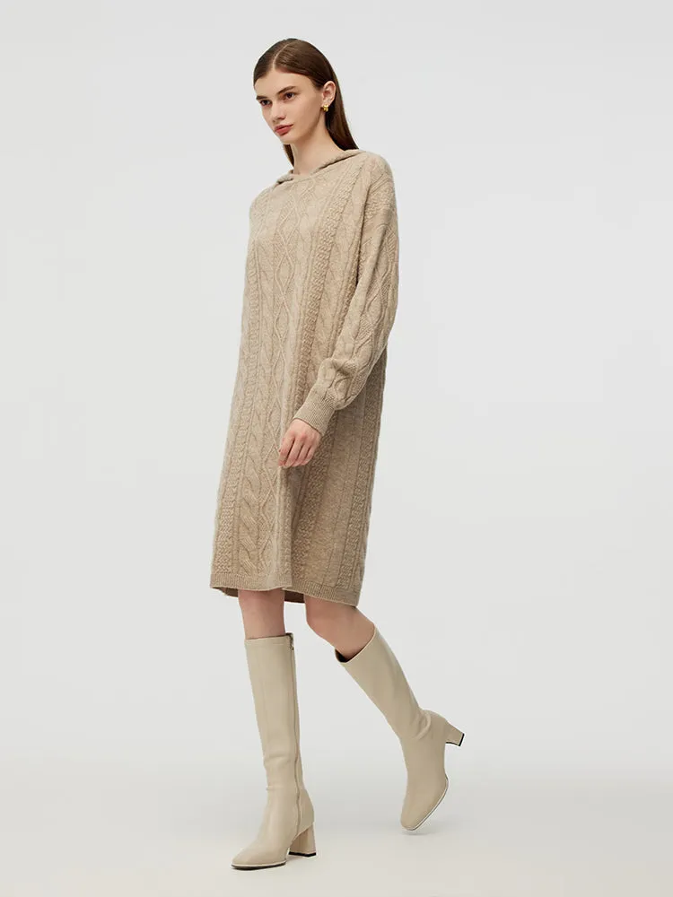 Wool Blend Women Hooded Midi Dress