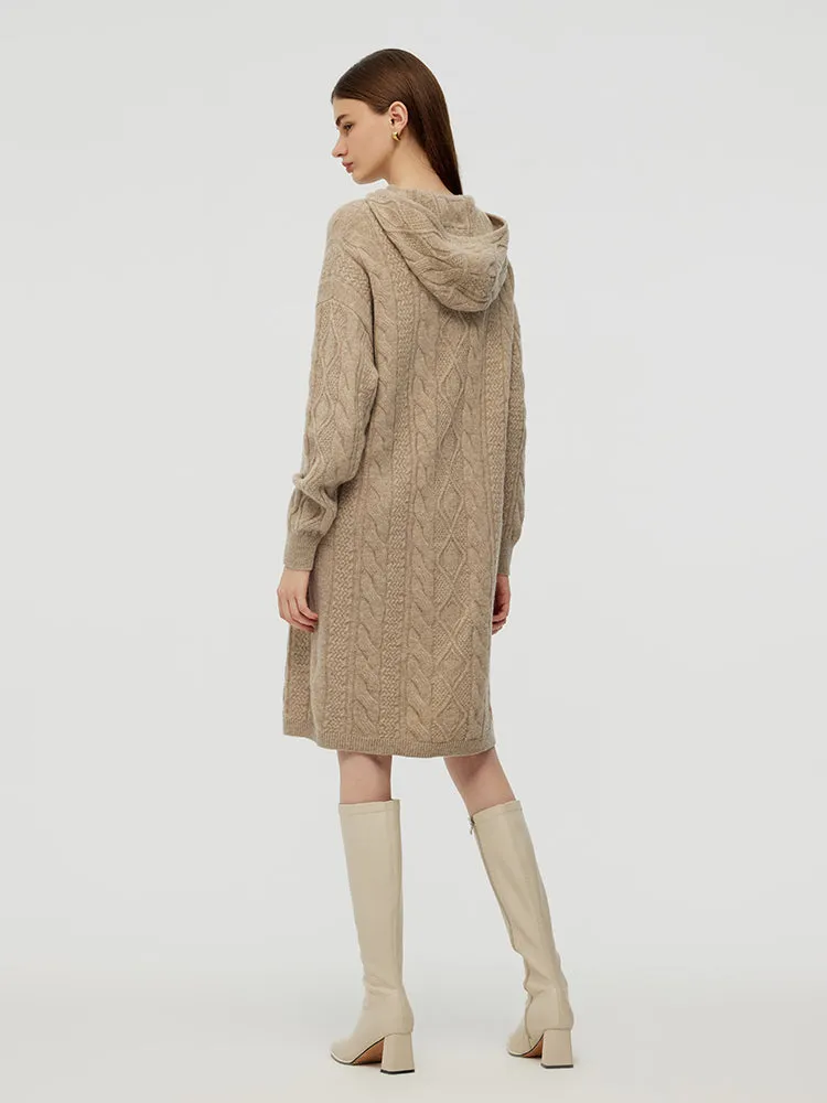 Wool Blend Women Hooded Midi Dress