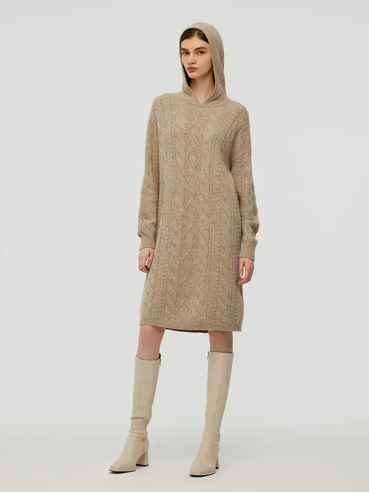 Wool Blend Women Hooded Midi Dress