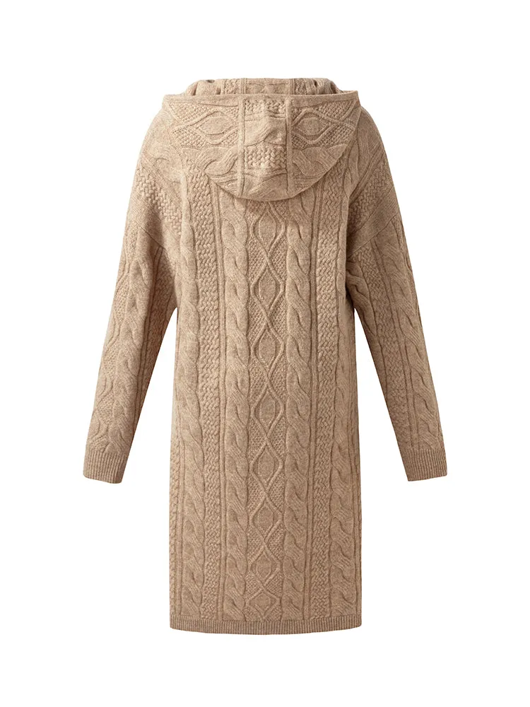 Wool Blend Women Hooded Midi Dress