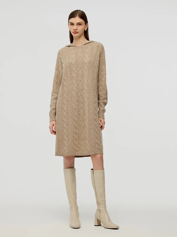 Wool Blend Women Hooded Midi Dress